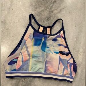 Athleta Girl XL For Shore Bikini Top Thin Strap Navy Blue Purple Tropical Print